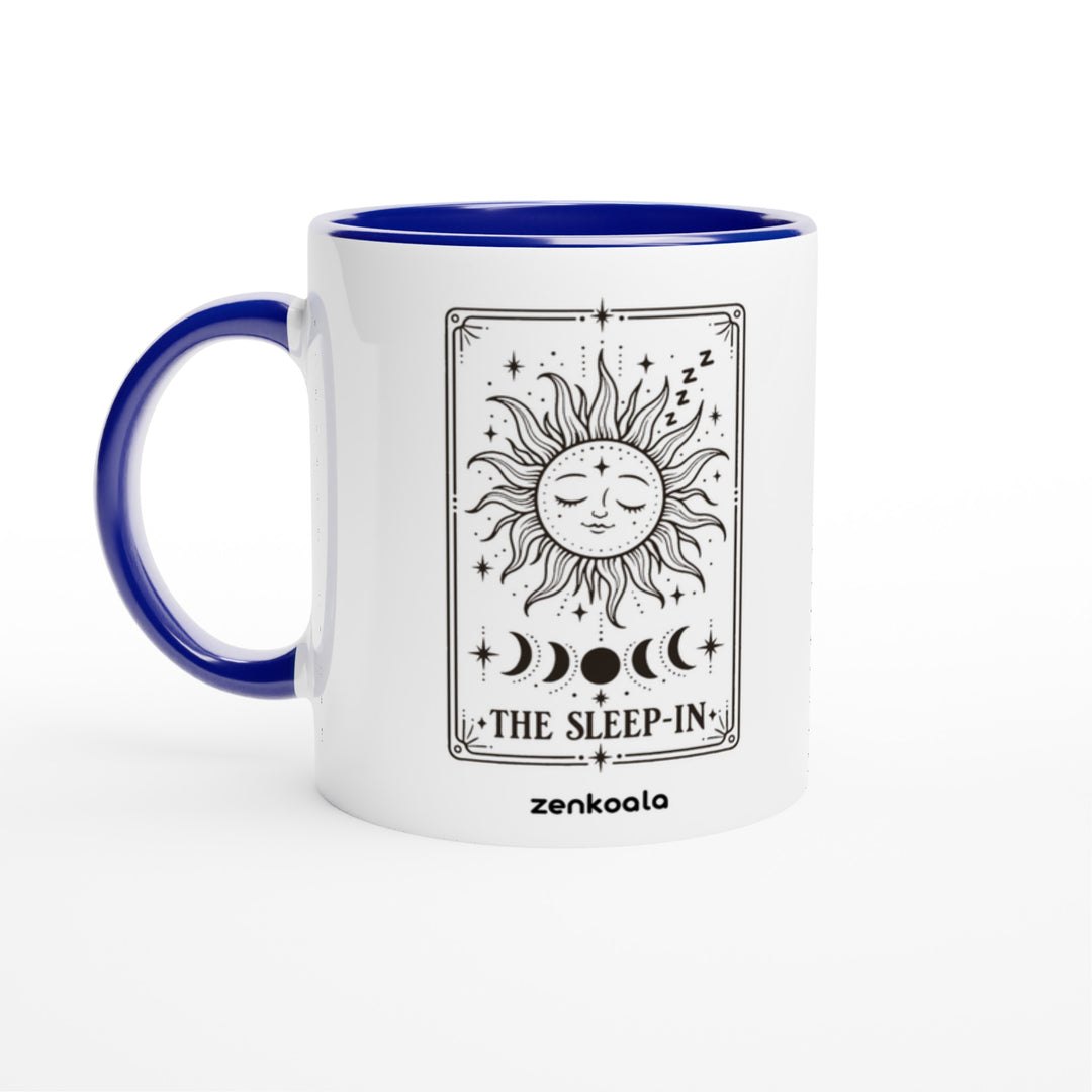 The Sleep-In mug in blue: white with a blue rim, inside and handle, Zen Koala Australia