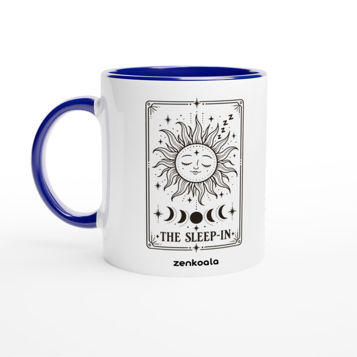 The Sleep-In mug in blue: white with a blue rim, inside and handle, Zen Koala Australia