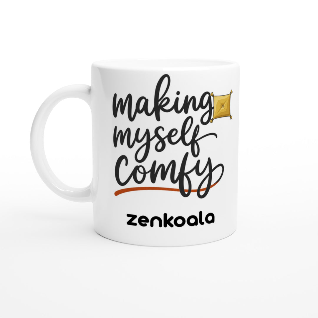 Making Myself Comfy feel-good mug — soft script lettering with a little gold cushion, Zen Koala Australia