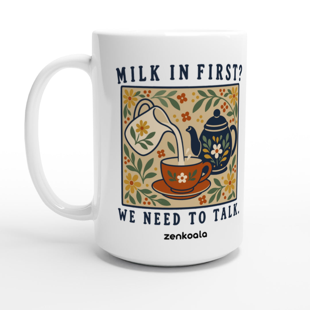 Milk in First feel-good 15oz mug: a folk-art milk jug, teapot and teacup, Zen Koala Australia