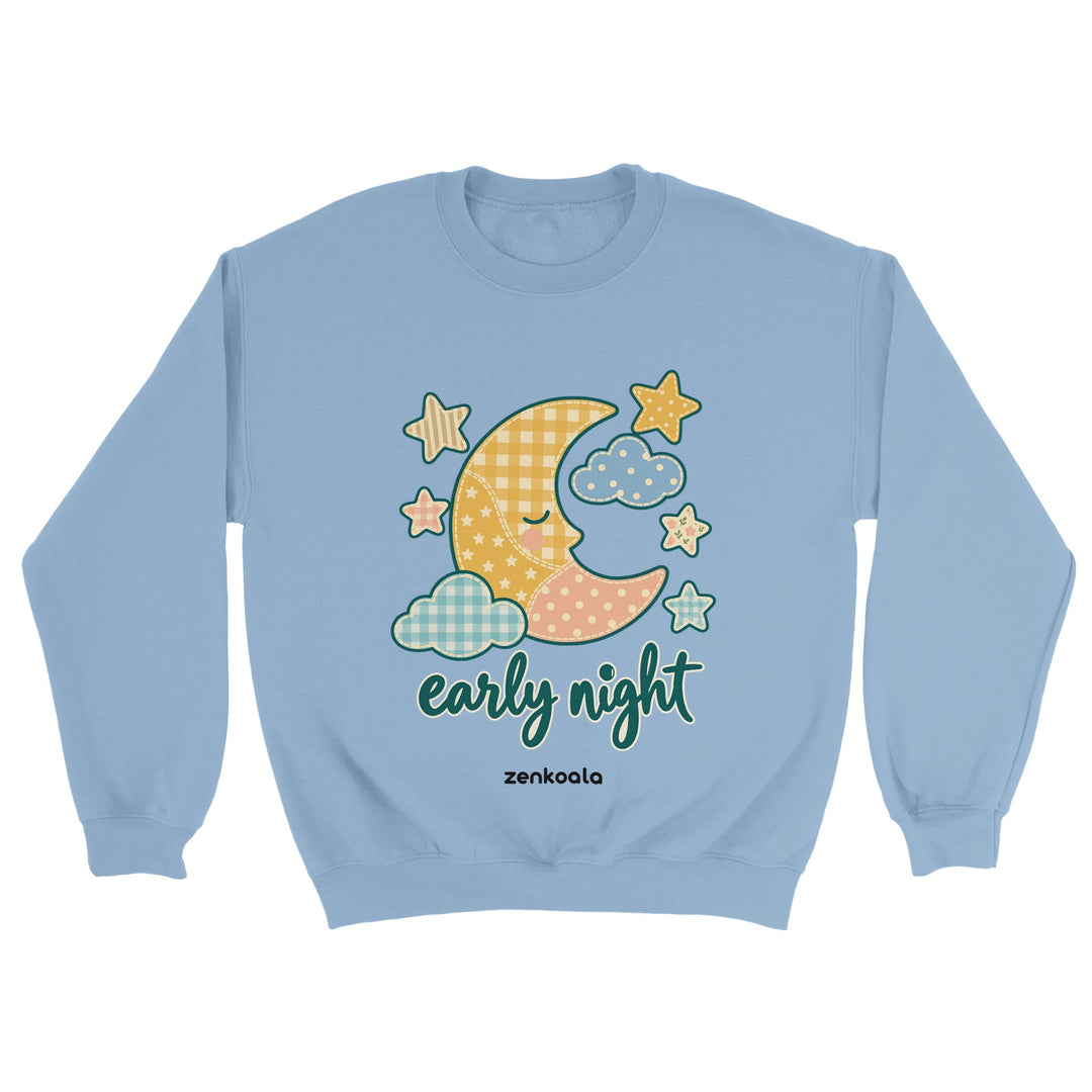 Early Night Moon feel-good sweatshirt in light blue: a sleepy faux patchwork moon, Zen Koala Australia
