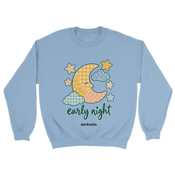 Early Night Moon feel-good sweatshirt in light blue: a sleepy faux patchwork moon, Zen Koala Australia
