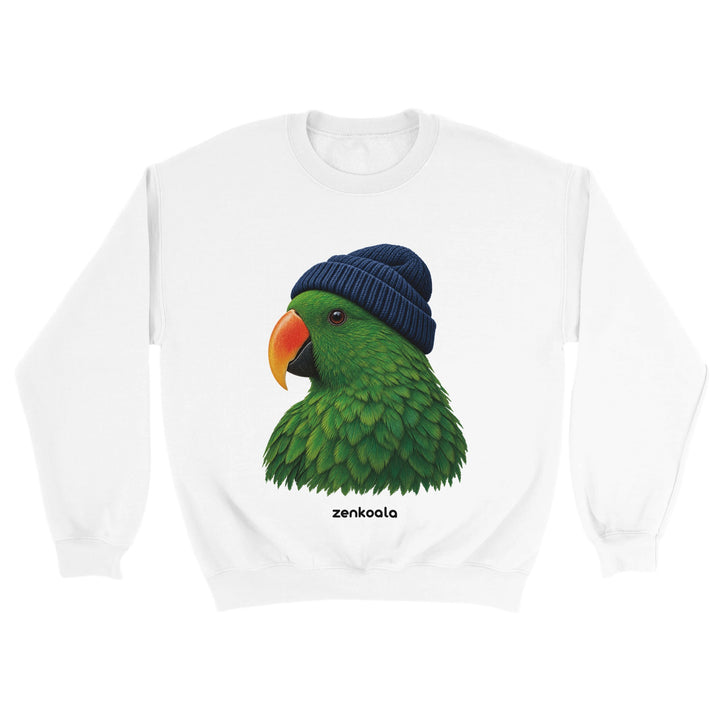 Parrot Beanie feel-good sweatshirt in white: a green parrot in a beanie, Zen Koala Australia