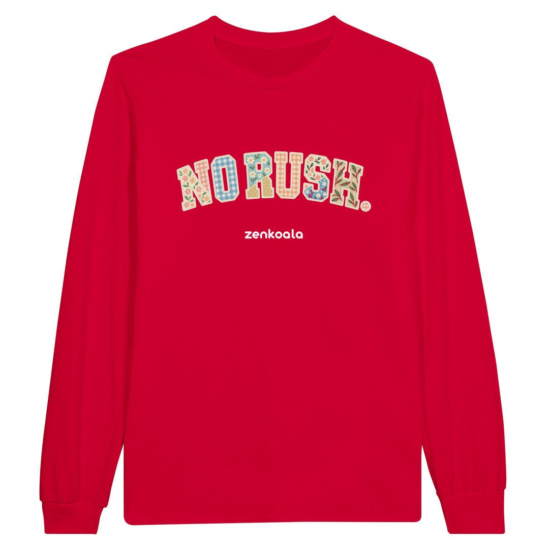 No Rush Faux Patchwork feel-good long sleeve tee in red, Zen Koala Australia