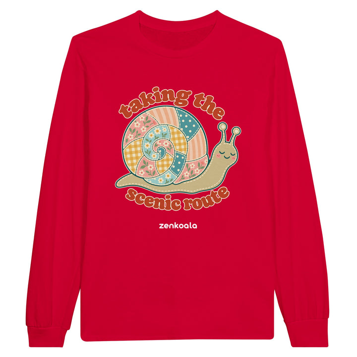 Taking the Scenic Route Snail feel-good long sleeve tee in red, Zen Koala Australia