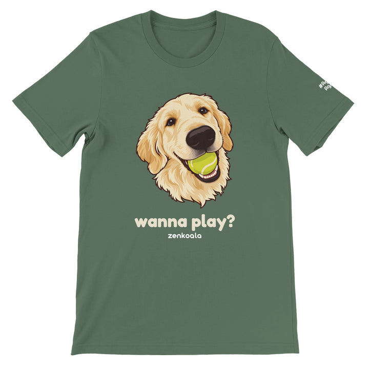 Wanna Play? feel-good tee in military green, Zen Koala Australia