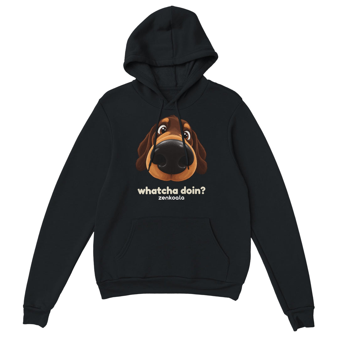 Whatcha Doin? feel-good hoodie in black, Zen Koala Australia