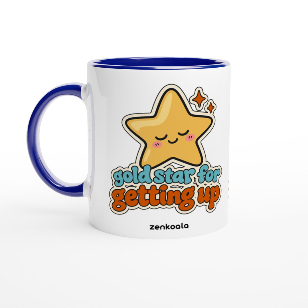 Gold Star for Getting Up mug in blue: white with a blue rim, inside and handle, Zen Koala Australia