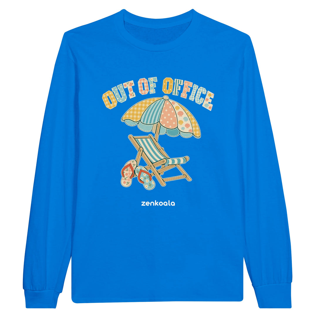 Out of Office Beach feel-good long sleeve tee in royal: a faux patchwork beach chair and umbrella, Zen Koala Australia