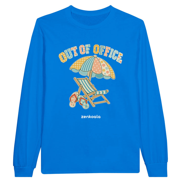 Out of Office Beach feel-good long sleeve tee in royal: a faux patchwork beach chair and umbrella, Zen Koala Australia