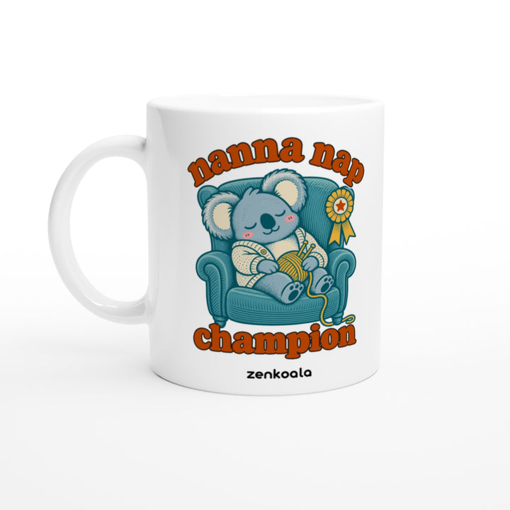 Nanna Nap Champion mug in all white, Zen Koala Australia