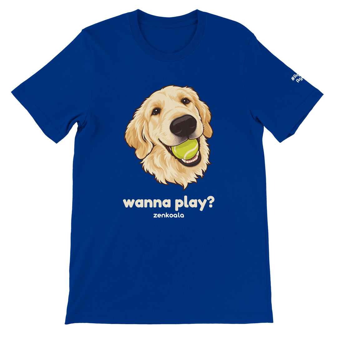 Wanna Play? feel-good tee in true royal: a golden retriever with a ball, Zen Koala Australia