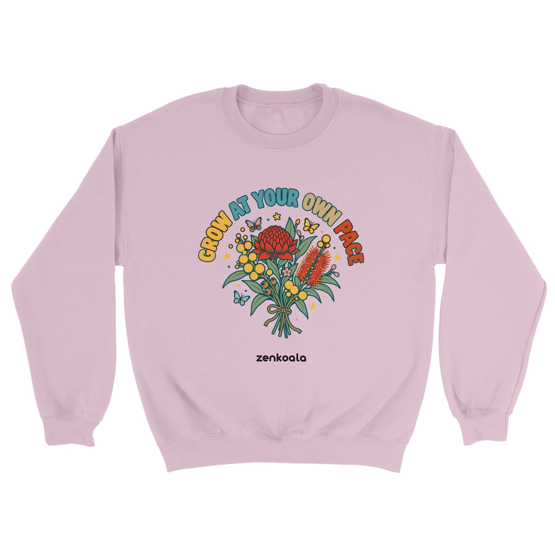 Grow at Your Own Pace feel-good sweatshirt in light pink, Zen Koala Australia