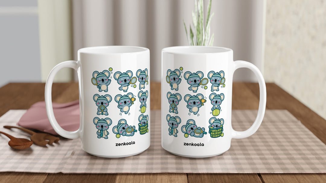 Two Tennis Koalas 15oz mugs on a table, showing both sides of the design, Zen Koala Australia