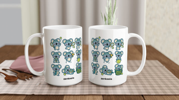 Two Tennis Koalas 15oz mugs on a table, showing both sides of the design, Zen Koala Australia