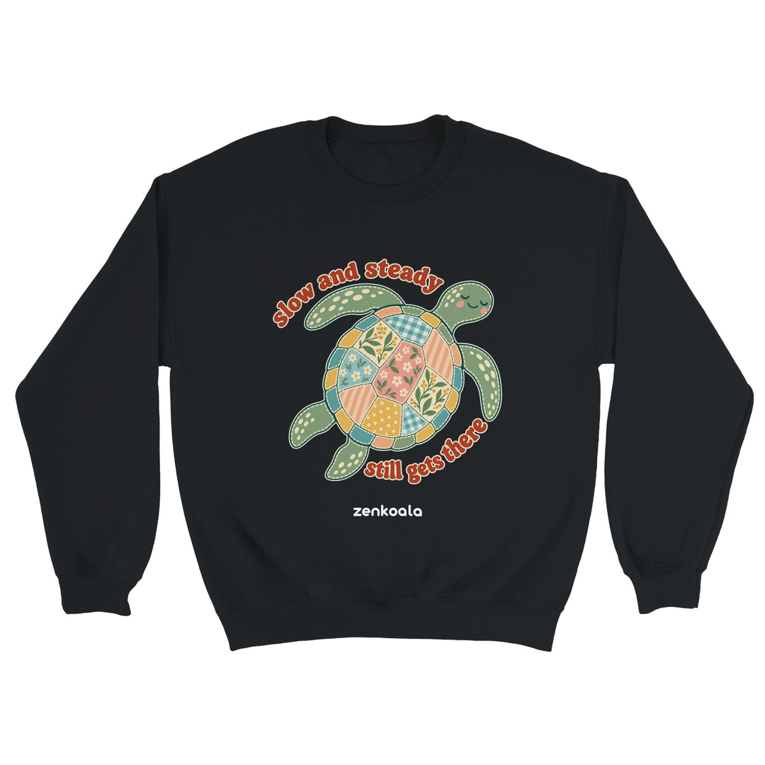 Slow and Steady Turtle feel-good sweatshirt in black, Zen Koala Australia