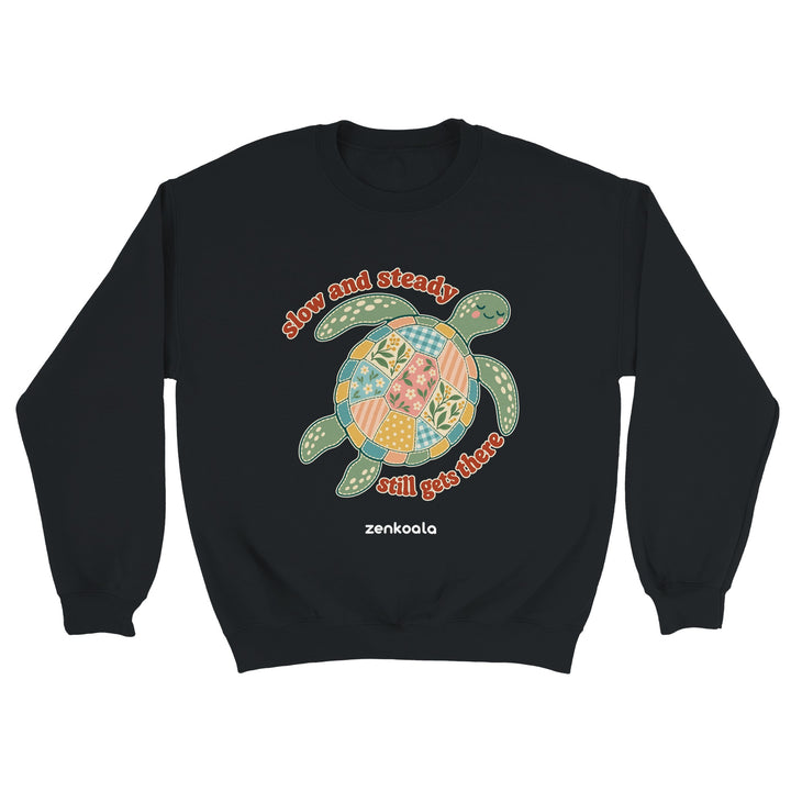 Slow and Steady Turtle feel-good sweatshirt in black, Zen Koala Australia