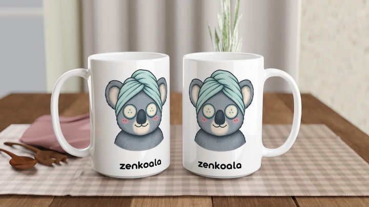 Two Koala Spa Day 15oz mugs on a table, showing both sides of the design, Zen Koala Australia