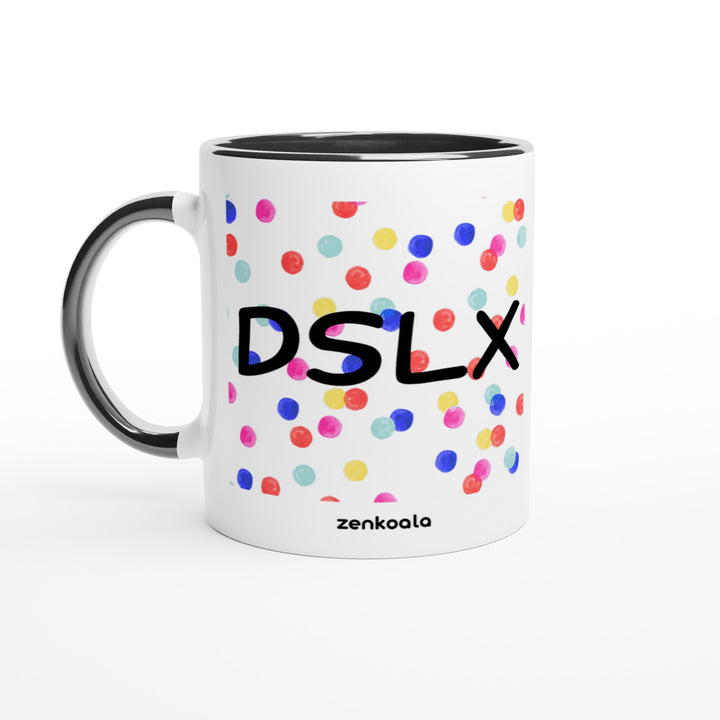 Dyslexia is my SuperPower mug in black: white with a black rim, inside and handle, Zen Koala Australia