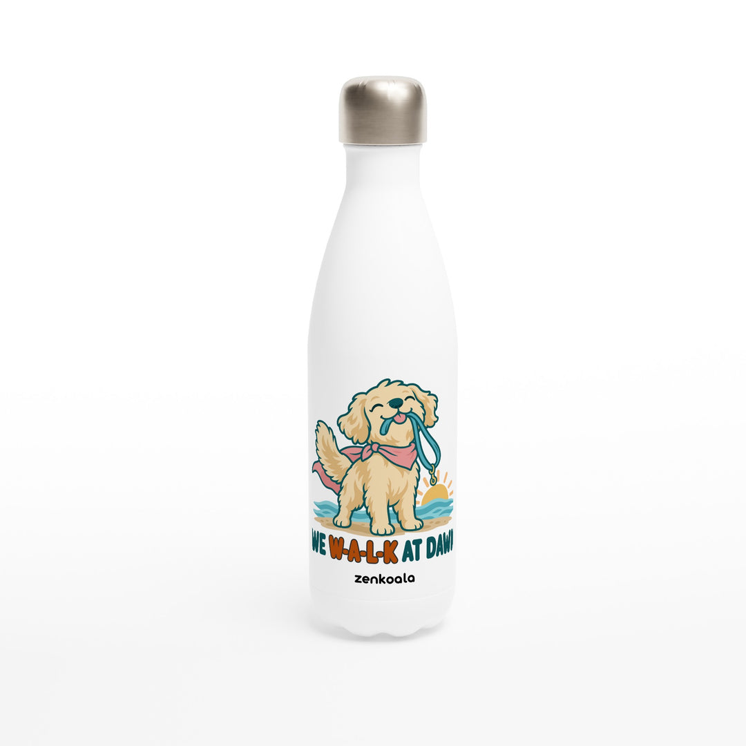 We Walk at Dawn feel-good water bottle: a golden retriever with its lead, Zen Koala Australia