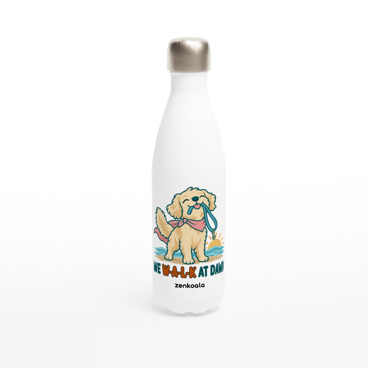 We Walk at Dawn feel-good water bottle: a golden retriever with its lead, Zen Koala Australia