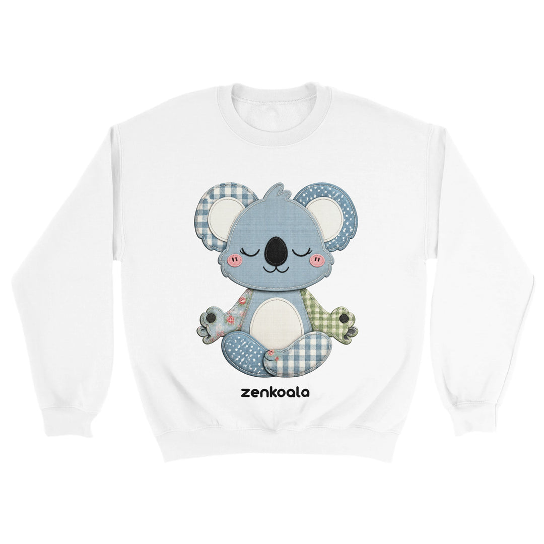 Faux Patchwork Meditating Koala feel-good sweatshirt in White — Zen Koala Australia
