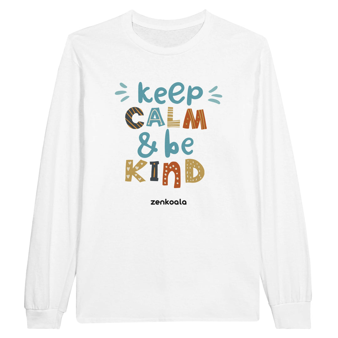 Keep Calm, Be Kind feel-good long sleeve tee in white, Zen Koala Australia