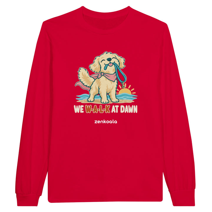 We Walk at Dawn feel-good long sleeve tee in red, Zen Koala Australia