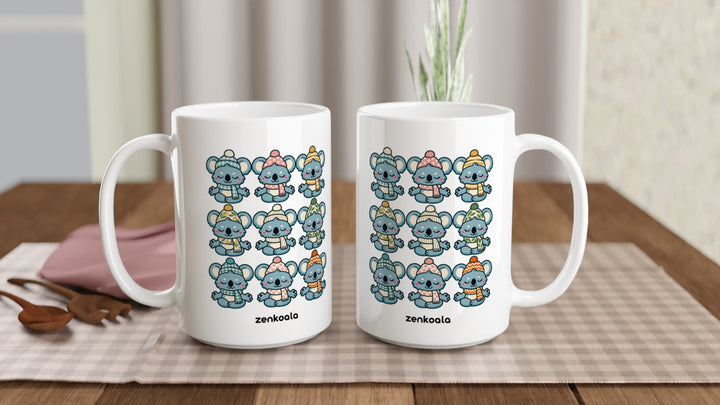 Two Koala Beanie Club 15oz mugs on a table, showing both sides of the design, Zen Koala Australia