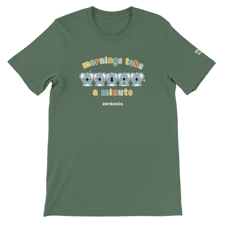 Mornings Take a Minute feel-good tee in military green: five koalas waking up in stages, Zen Koala Australia