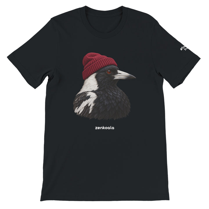 Magpie Beanie feel-good tee in black, Zen Koala Australia