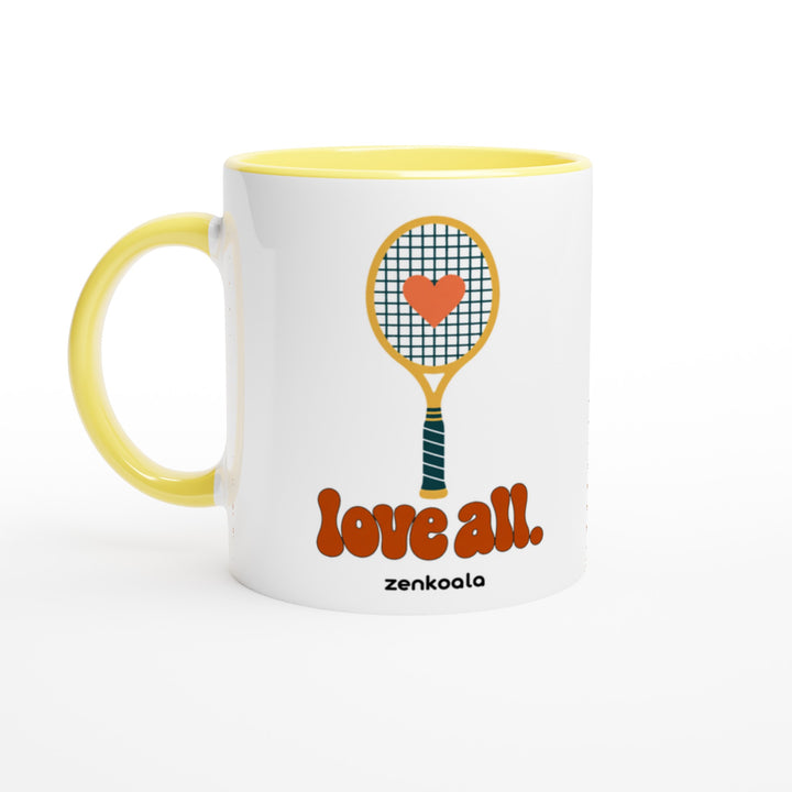 Love All mug in yellow: white with a yellow rim, inside and handle, Zen Koala Australia