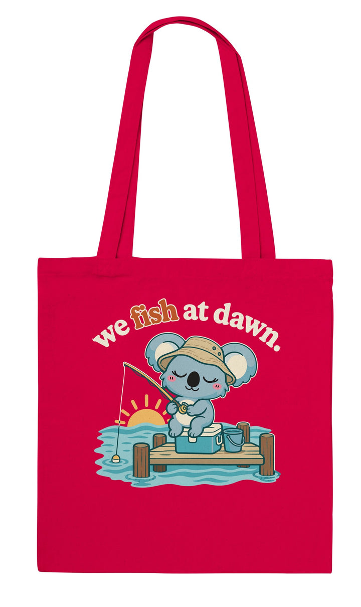 We Fish at Dawn feel-good tote bag in red, Zen Koala Australia