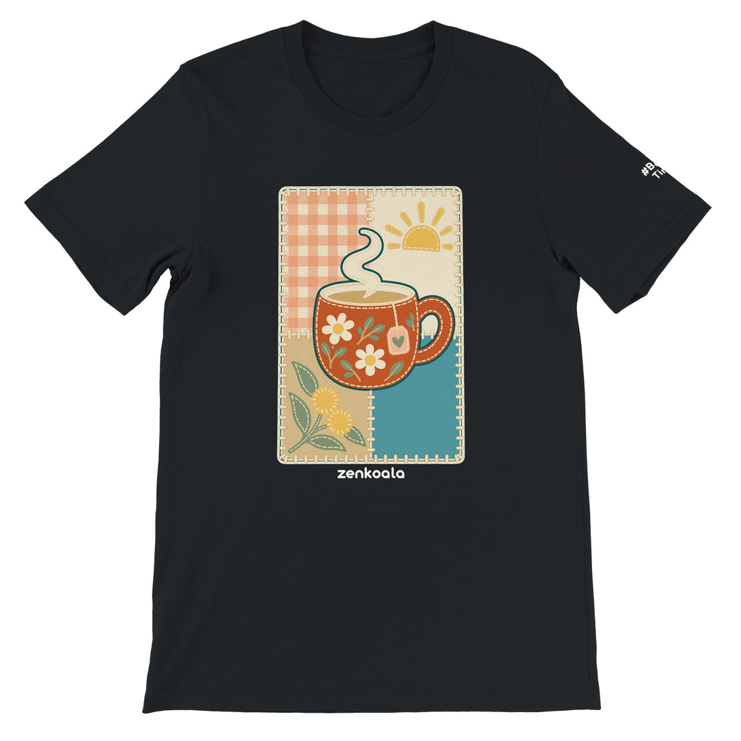 Cuppa Quilt feel-good tee in black, Zen Koala Australia