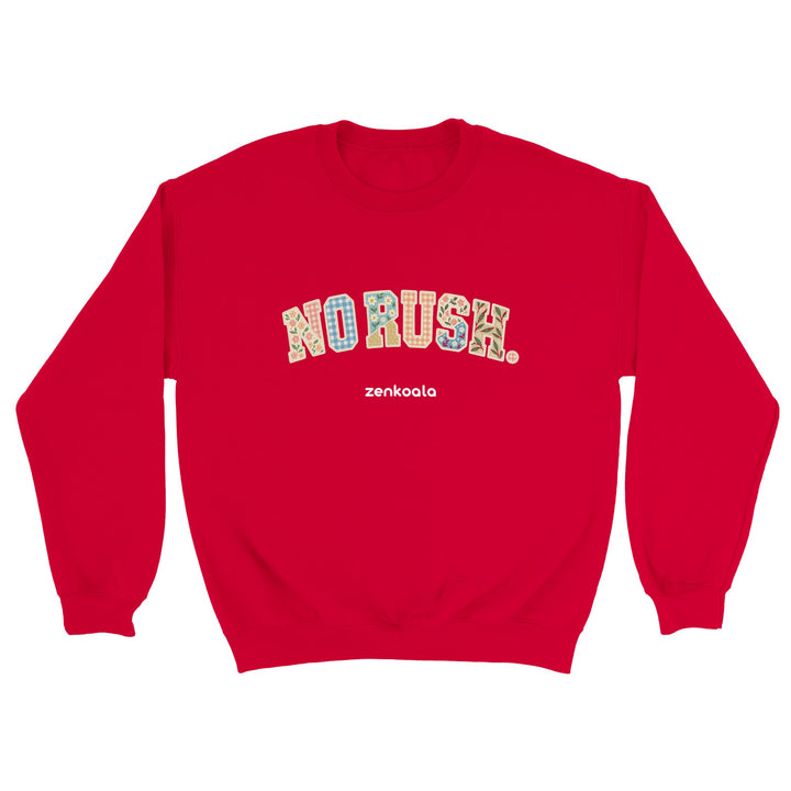 No Rush Faux Patchwork feel-good sweatshirt in red, Zen Koala Australia