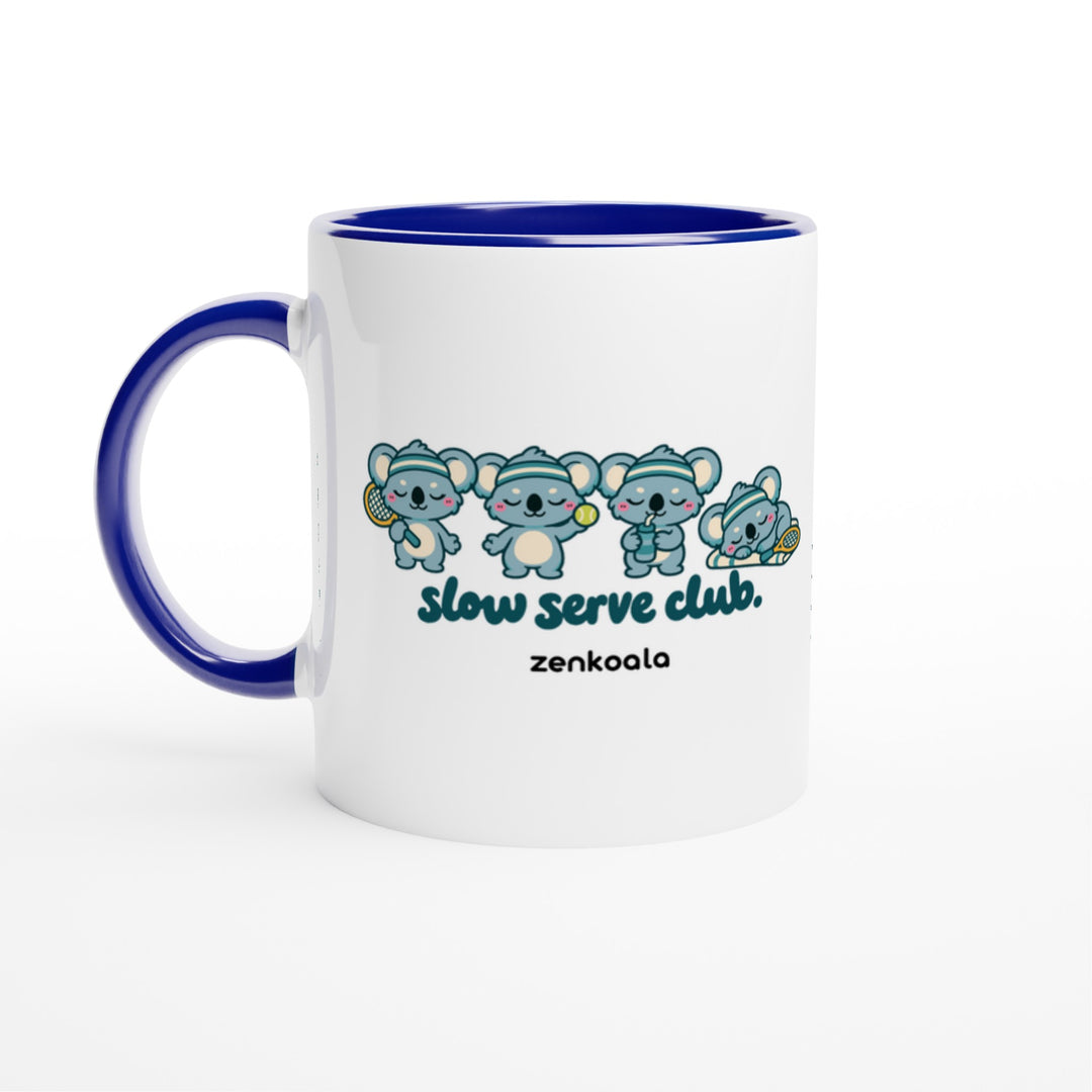 Slow Serve Club mug in blue: white with a blue rim, inside and handle, Zen Koala Australia