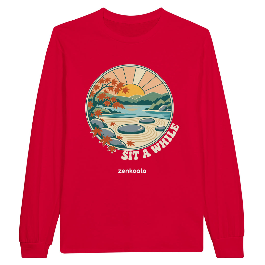 Zen Garden Sit a While feel-good long sleeve tee in red, Zen Koala Australia