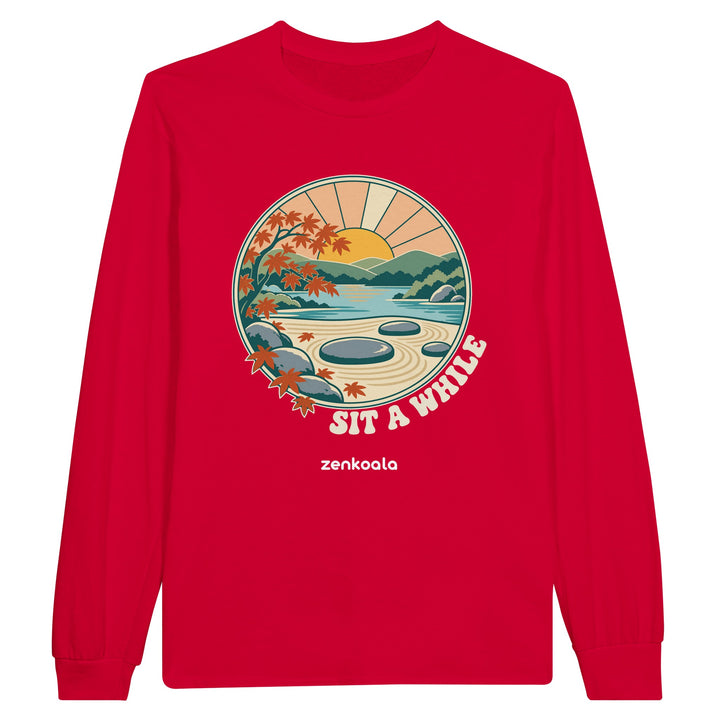 Zen Garden Sit a While feel-good long sleeve tee in red, Zen Koala Australia