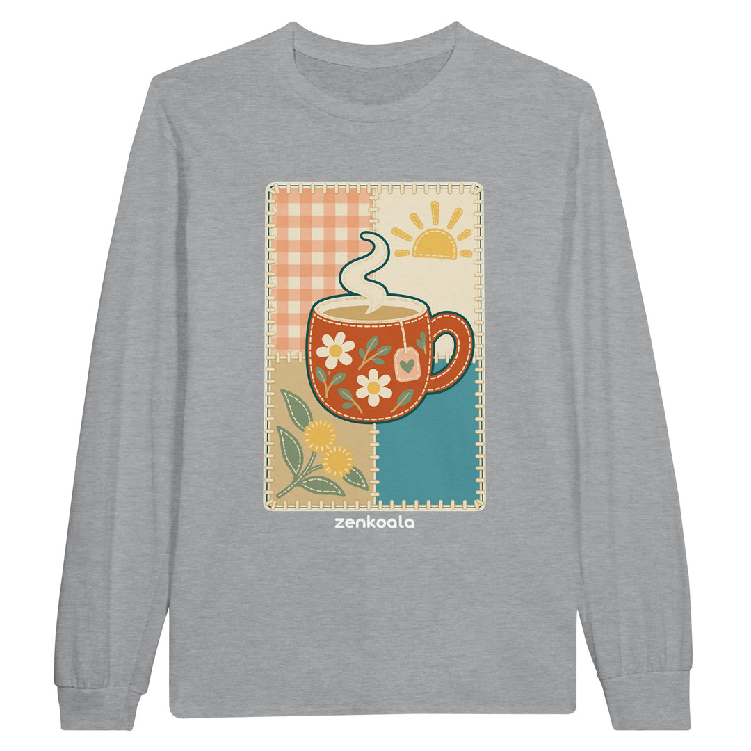 Cuppa Quilt feel-good long sleeve tee in sports grey: a cuppa on a quilt block, Zen Koala Australia
