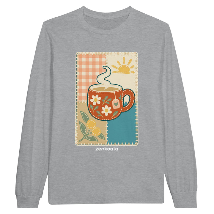 Cuppa Quilt feel-good long sleeve tee in sports grey: a cuppa on a quilt block, Zen Koala Australia