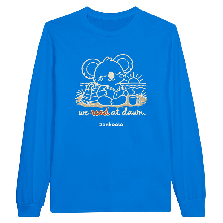 We Read at Dawn feel-good long sleeve tee in royal, Zen Koala Australia