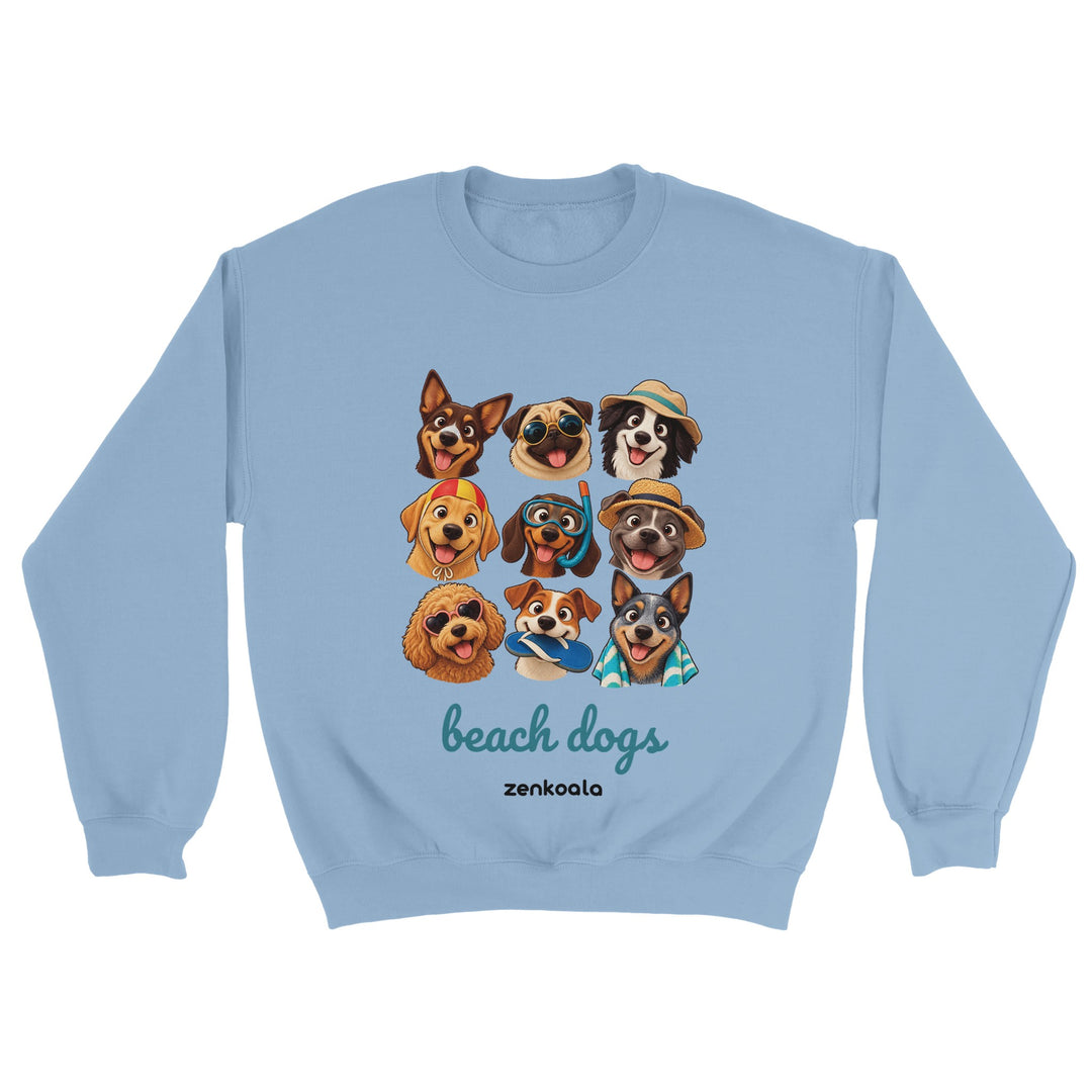 Beach Dogs feel-good sweatshirt in light blue: a crew of dogs in beach gear, Zen Koala Australia