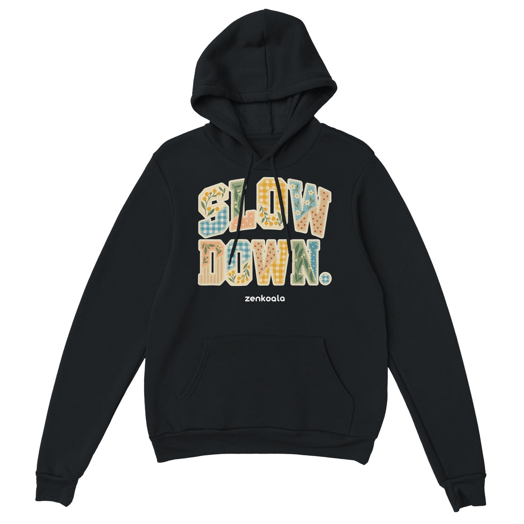 Slow Down Faux Patchwork feel-good hoodie in black, Zen Koala Australia