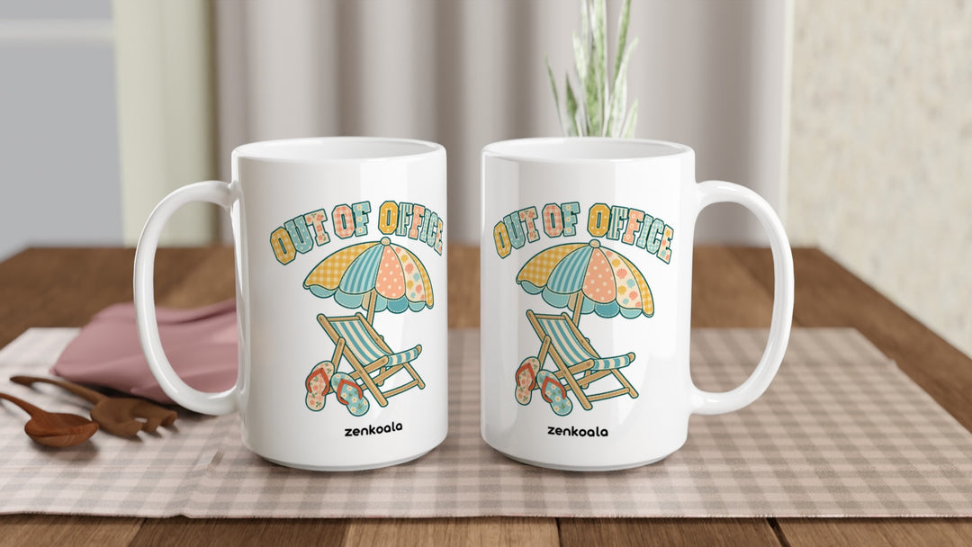 Two Out of Office Beach 15oz mugs on a table, showing both sides of the design, Zen Koala Australia