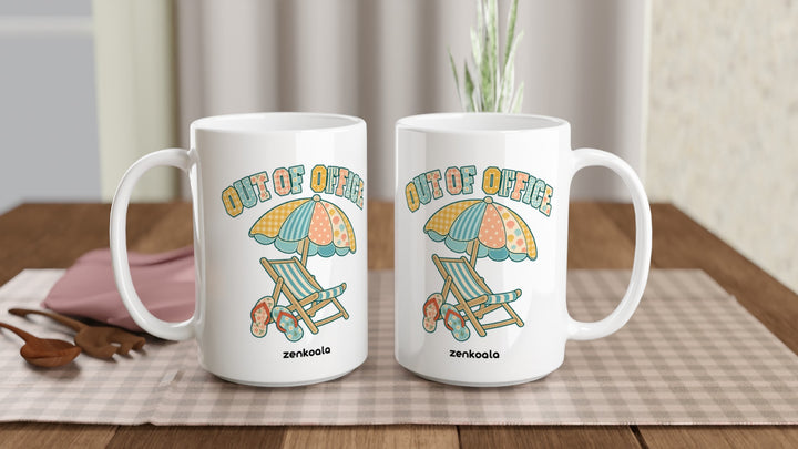 Two Out of Office Beach 15oz mugs on a table, showing both sides of the design, Zen Koala Australia
