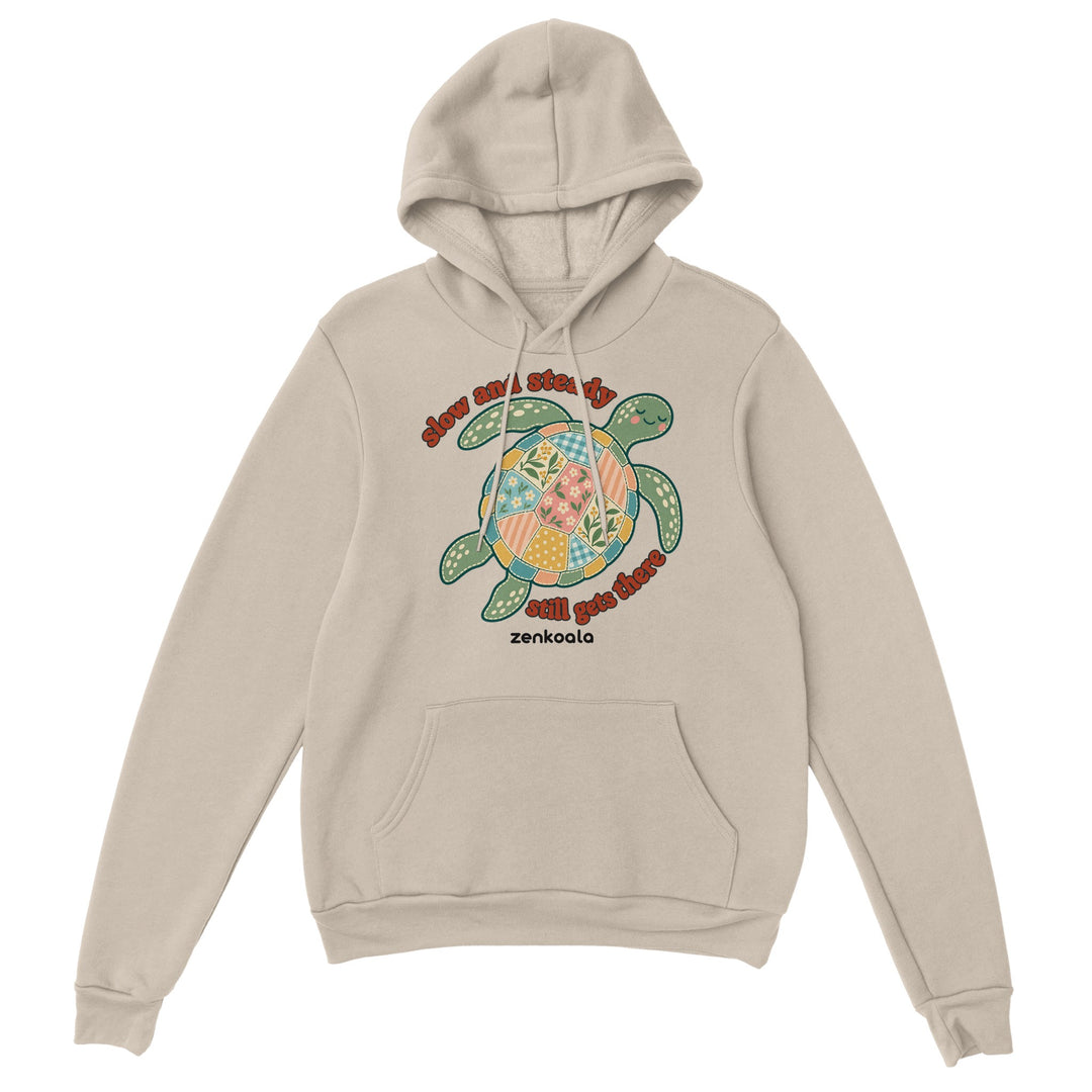 Slow and Steady Turtle feel-good hoodie in sand: a faux patchwork sea turtle, Zen Koala Australia