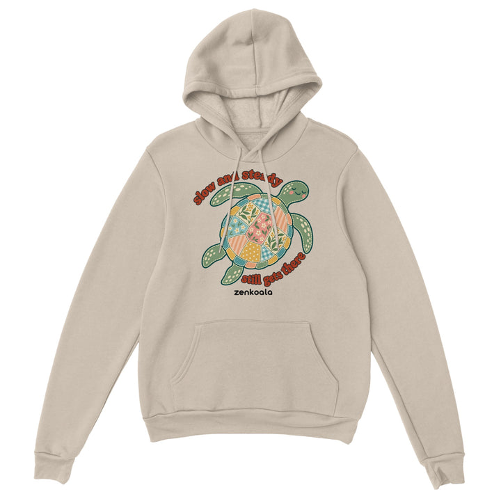 Slow and Steady Turtle feel-good hoodie in sand: a faux patchwork sea turtle, Zen Koala Australia
