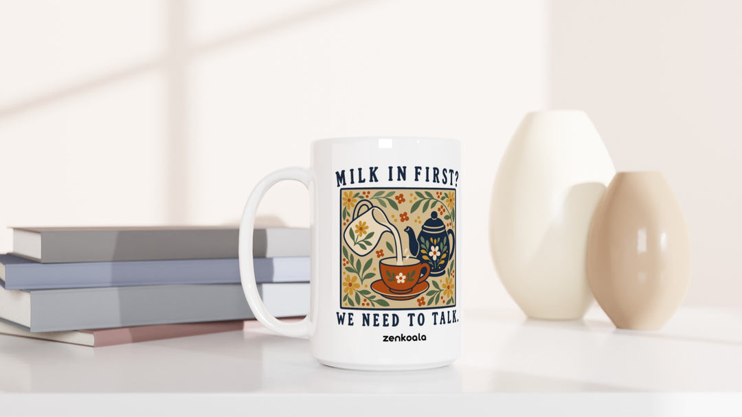 Milk in First 15oz mug beside books and vases, Zen Koala Australia