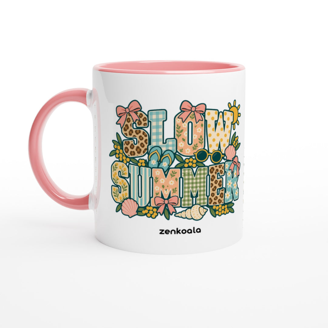 Slow Summer feel-good mug: faux patchwork summer letters, Zen Koala Australia
