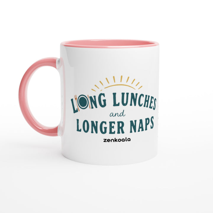 Long Lunches and Longer Naps mug in pink: white with a pink rim, inside and handle, Zen Koala Australia